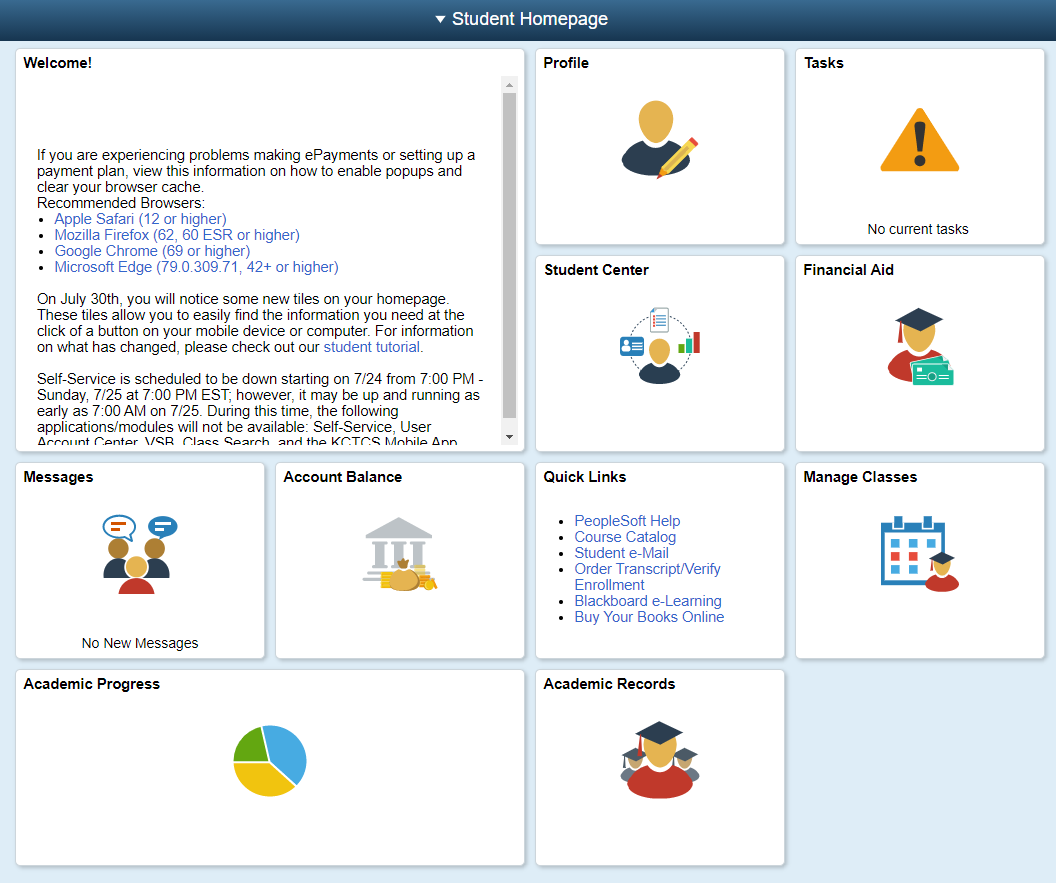 Screenshot of the new Student Self-Service page