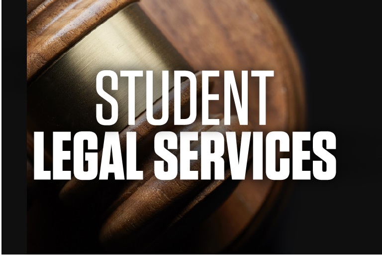gavel with student legal services in white type