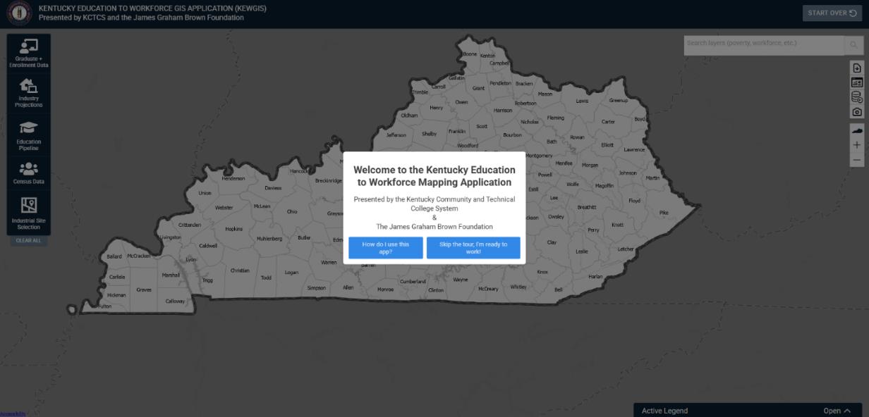Kentucky Education to Workforce GIS Application Starting Screen