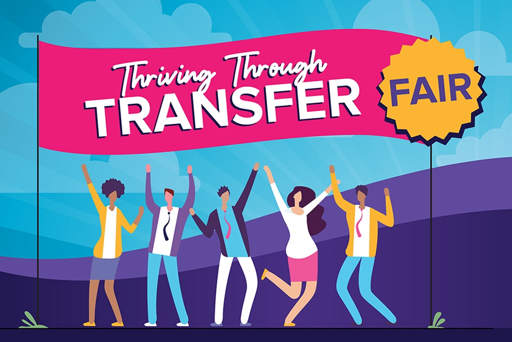 students under "Thriving through transfer fair" banner